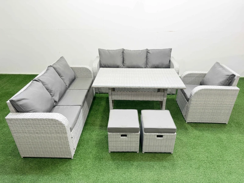 Image of Fimous 9 Seater Poly Rattan Outdoor Garden Furniture Rectangular Dining Table Sofa Set Patio 3 Seater Sofa Reclining Chair 3 Seater Sofa Stools Light