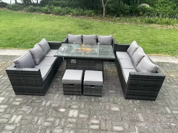 Image of Fimous 9 Seater Outdoor Dark Grey Rattan Lounge Complete Sofa Set with Gas Firepit Dining Table and 2 Stools