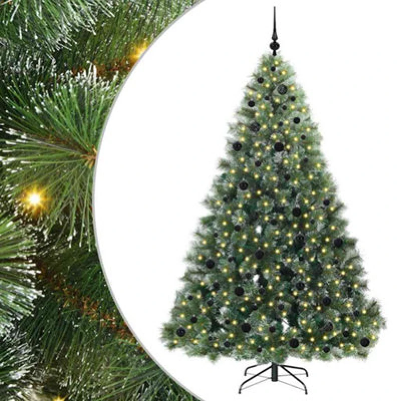 Image of vidaXL Artificial Christmas Tree with 300 LEDs and Black Balls Snow Flocked Green 210cm PE and PVC, Green 3397862