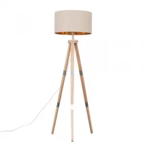 Image of Willow Light Wood Tripod Floor Lamp with XL Beige and Gold Reni Shade