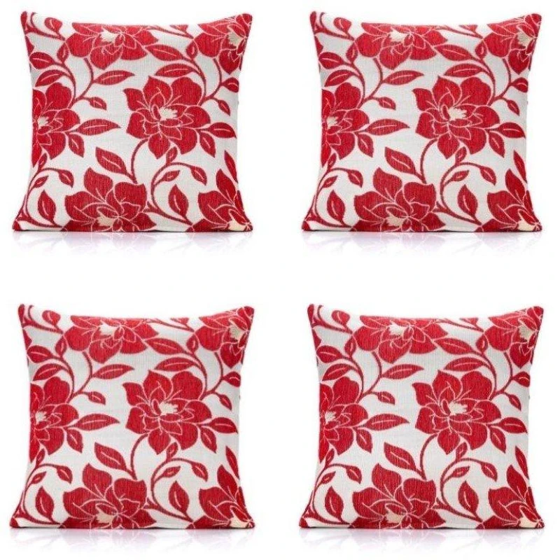 Image of Alan Symonds Peony Chenille Cushion Set of 4 Red unisex 45x45cm