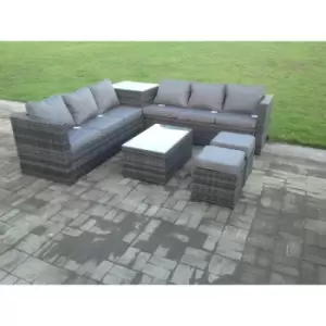 Image of Fimous 6 Seater Outdoor Dark Grey Rattan Lounge Complete Sofa Set with Side Table and 2 Stools