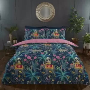 Image of Rapport - Jungle Expedition Navy Double Duvet Cover Set, Reversible Bedding Bed Quilt Set