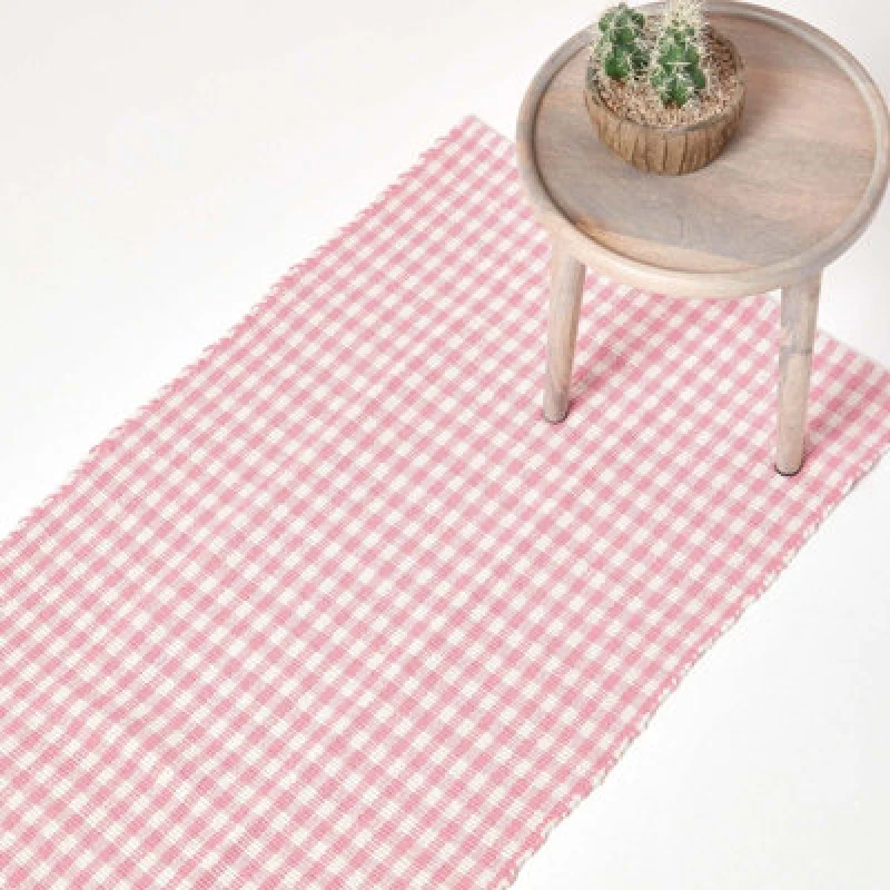 Image of Homescapes Cotton Gingham Check Hand Woven Hall Runner, 66 x 200cm Pink