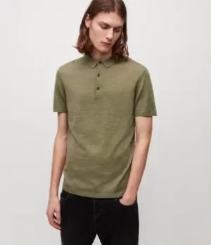 Image of AllSaints Mens Mode Merino Short Sleeve Polo Shirt, Moss Green Marl, Size: XXL