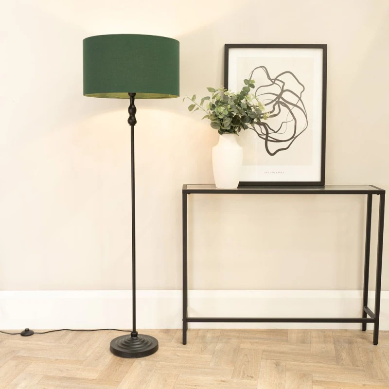 Image of ValueLights Maggie Black Metal Candlestick Floor Lamp with Fabric Lamp Shade Bottle Green