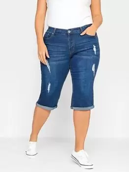 Image of Yours Distressed Denim Jean Capri Shorts - Blue Size 18, Women