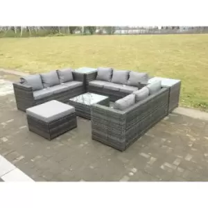Image of Fimous 9 Seater Outdoor Dark Grey Rattan Lounge Complete Sofa Set with Side Table and Big Footstool