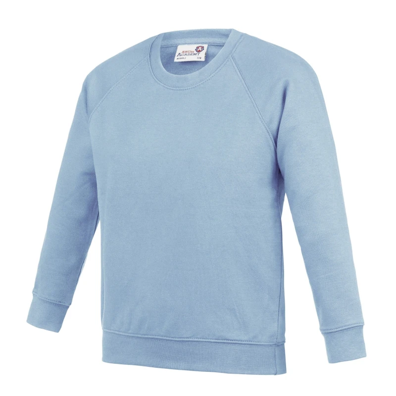 Image of AWDis Academy Crew Neck Raglan School Sweatshirt in Baby Blue Size: 11-12 Years Baby Blue Unisex 11-12 Years