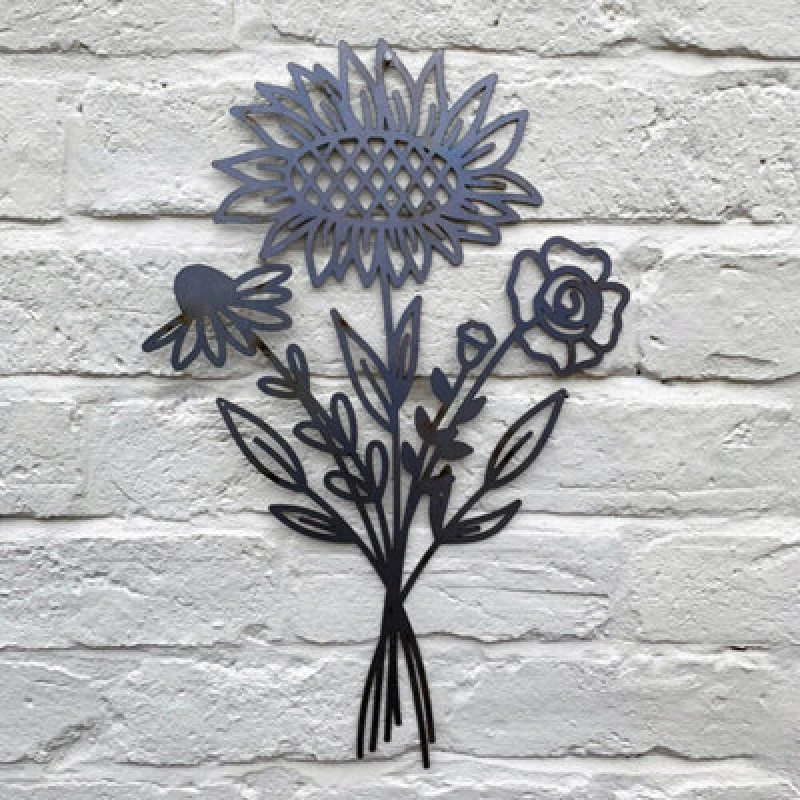 Image of Poppy Forge Sunflower Bouquet Wall Art - Bare Metal/ready To Rust - W30 X H50 Cm