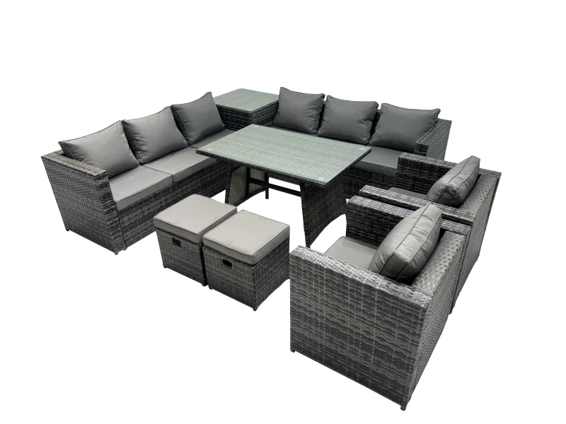 Image of Fimous Garden Rattan Furniture Set 10 Seater with 2 Small Stool Side Table in Dark Grey Dark Grey Unisex