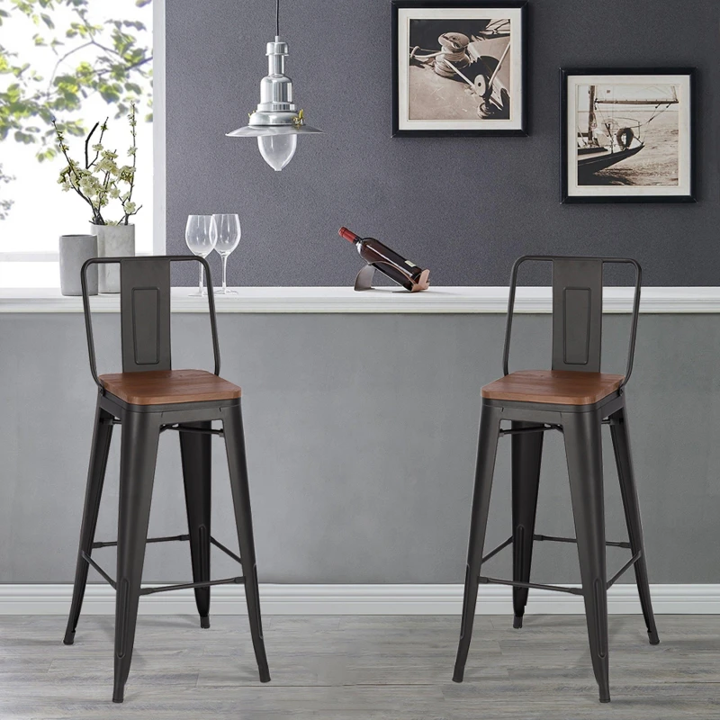 Image of Cottonfy UK Set of 2 Metal Frame Industrial Style Bar Stool - Black L