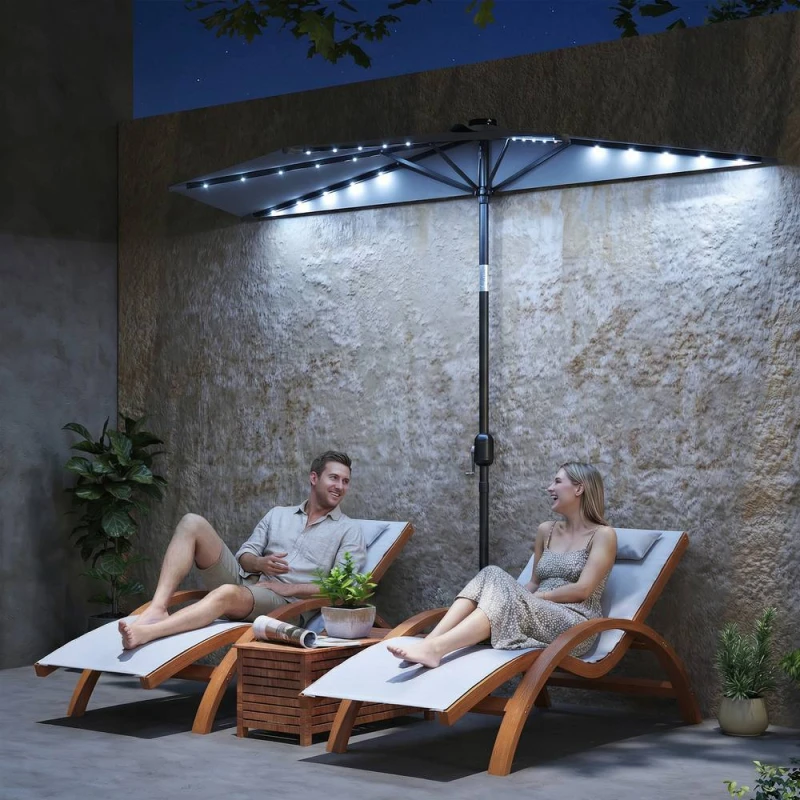 Image of OUTSUNNY 2.6 m Half Parasol with Solar Lights, UPF50+ Semi Round Umbrella in Dark Grey Dark Grey Unisex