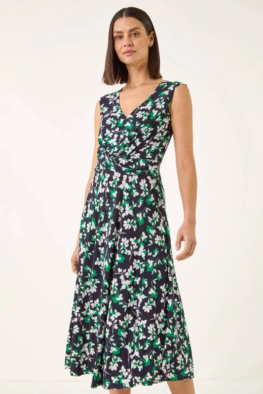 Image of Roman Womens Floral Twist Front Dress in Navy Size: 16 Navy Female 16