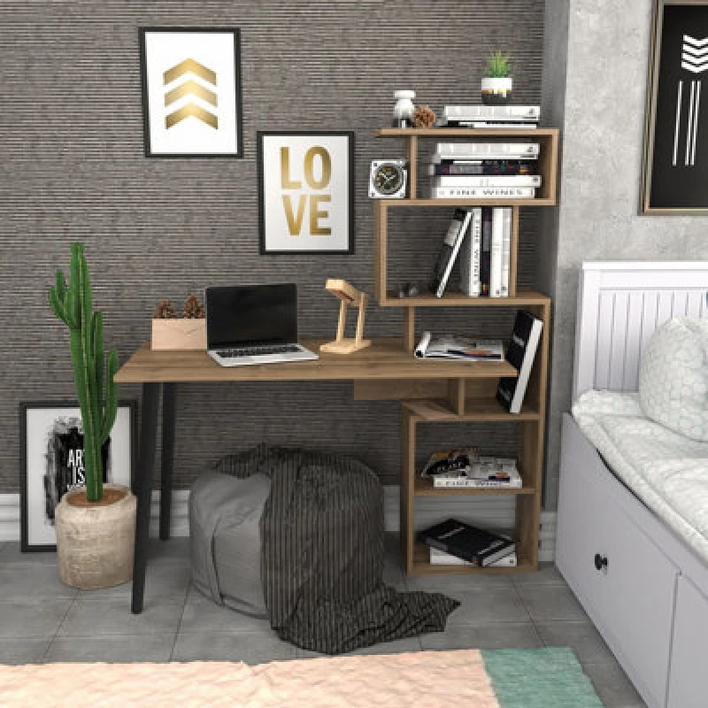 Image of Decorotika Vina Computer Desk Study Desk With Included Bookshelf Shelving Unit - Walnut, Brown VIN47CD01