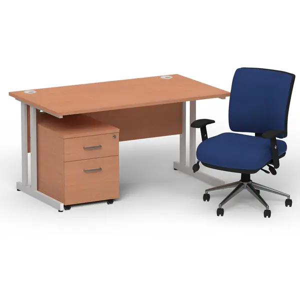 Image of Dynamic Office Solutions Impulse 1400mm Cantilever Straight Desk With Mobile Pedestal and Chiro Medium Back Blue Operator Chair BUND1141