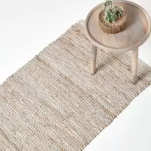 Image of HOMESCAPES Madras Leather Hemp Rug Natural, 66 x 200cm - Natural