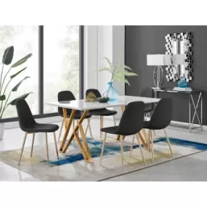 Image of Furniture Box Taranto White High Gloss Dining Table and 6 Black Corona Gold Leg Chairs
