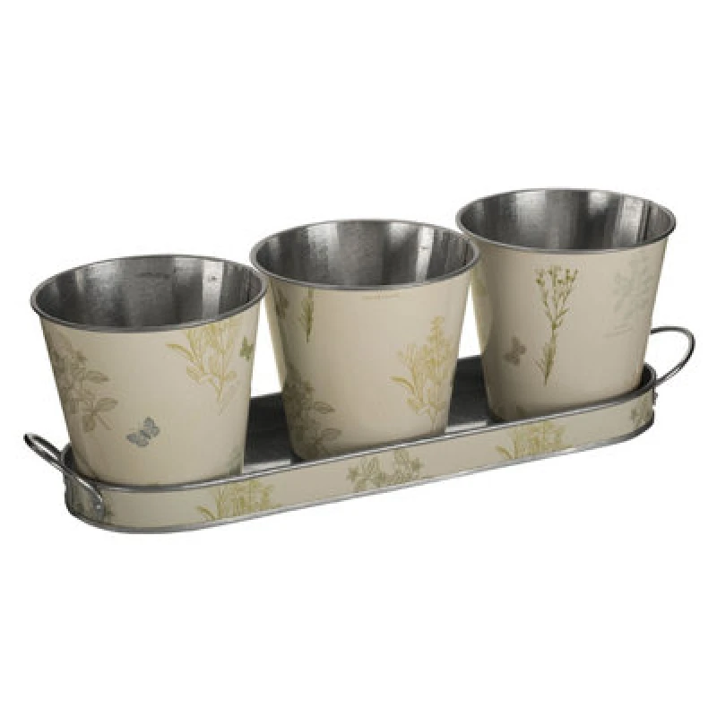 Image of Premier Housewares Set Of Three Jardin Pots On Oblong Tray Beige