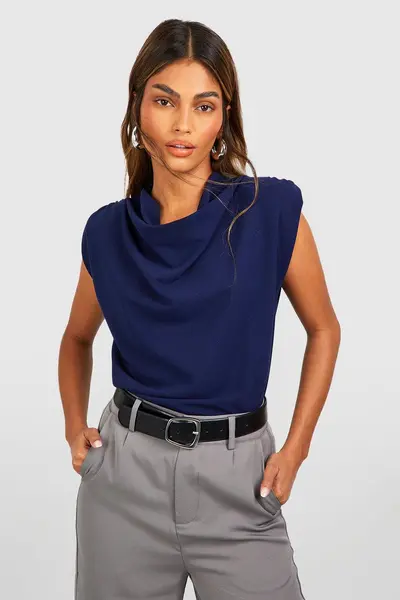 Image of boohoo Cowl Neck Crepe Shoulder Pad Blouse Navy