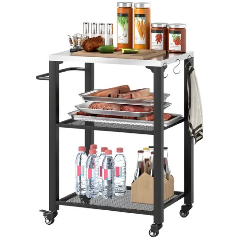 Image of Outsunny 3-Shelf Outdoor Grill Cart, Outdoor Kitchen w/ Stainless Steel Top Silver