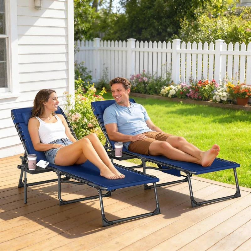 Image of OUTSUNNY Folding Sun Loungers with 5-Level Back, Cup Holder in Dark Blue Size: 190cm x 60cm Dark Blue Unisex 190cm x 60 cm