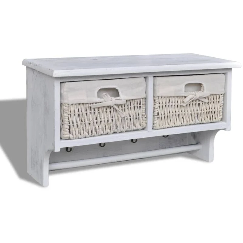 Image of White Wooden Wall Shelf With Hangers 2 Weaving Baskets 4 Hooks