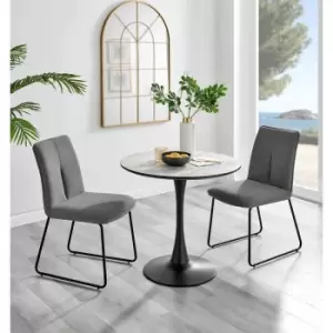 Image of Furniture Box Elina White Marble Effect Round Dining Table and 2 Dark Grey Halle Chairs