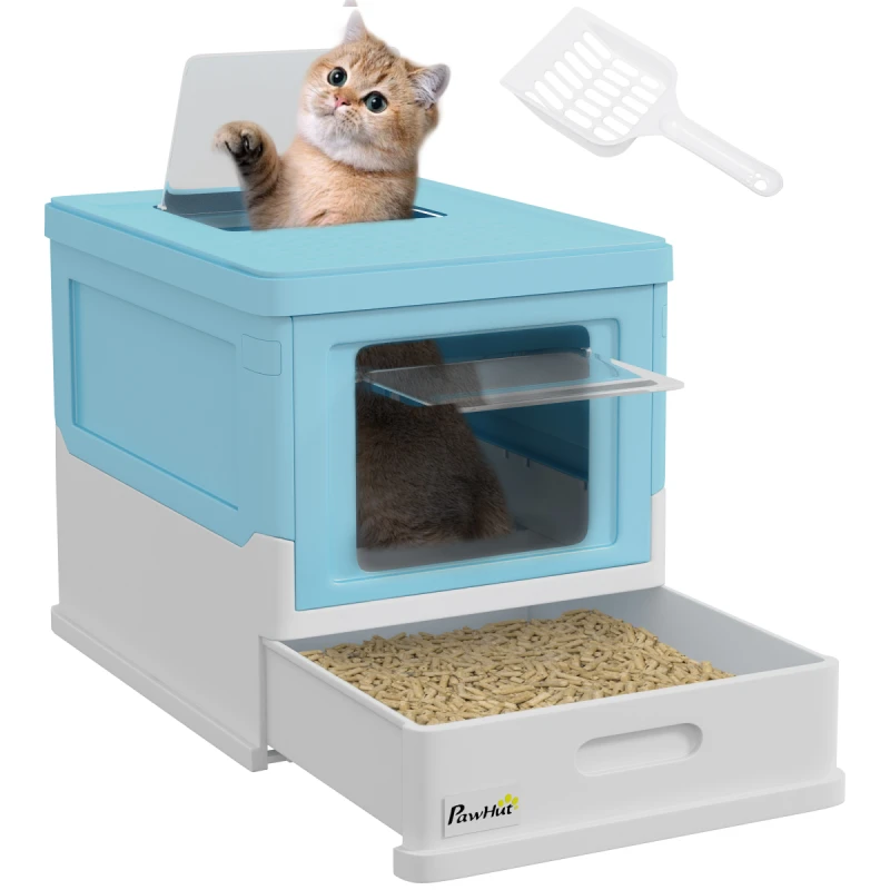 Image of PawHut Hooded Cat Litter Box, Pet Toilet w/ Scoop, Tray - Light Blue D31-061V00LB