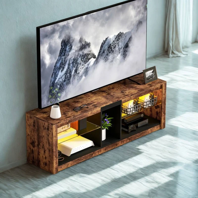Image of FURNOS Industrial TV Stand Unit With Storage Shelves & LED Lights in Brown Brown Unisex
