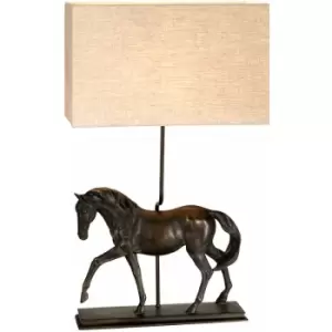 Image of Table Lamp Large Horse Statuette Natural Hessian Shade Bronze Patina LED E27 40w