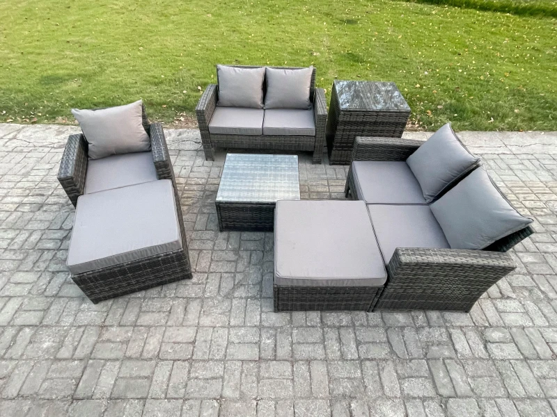 Image of Fimous 7 Seater Outdoor Rattan Garden Furniture Set Conservatory Patio Sofa Coffee Table Set with Chair Side Table 2 Big Footstool in Dark Grey Dark G