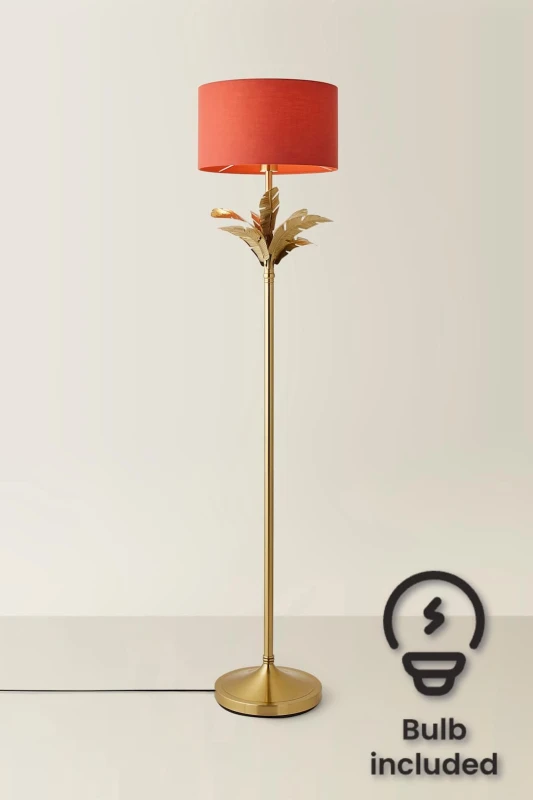 Image of ValueLights ValueLights Christina Fabric Drum Shade Gold Palm Leaf Detail Stem Floor Lamp with LED Bulb in Burnt Orange Burnt Orange One Size Unisex 5