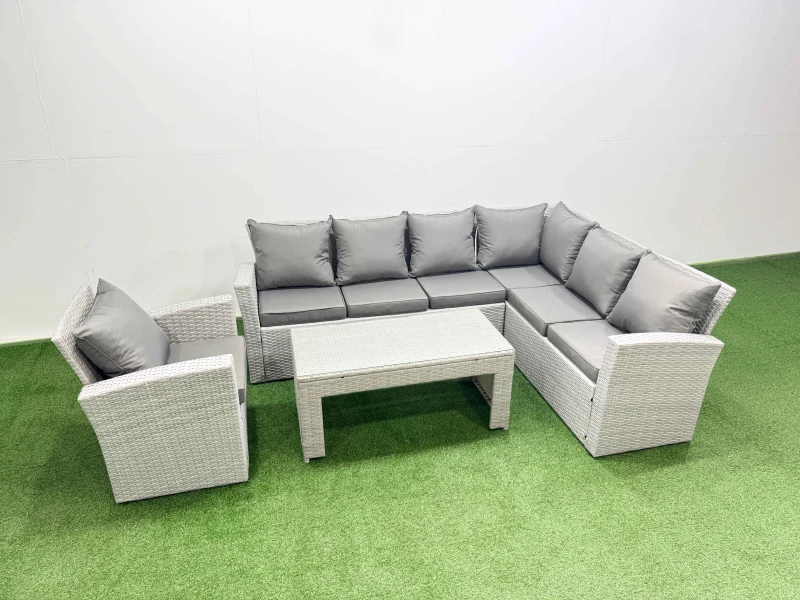 Image of Fimous Rattan Furniture Set 4 Pieces Outdoor Sofa Coffee Table with Chair in Light Grey Light Grey Unisex