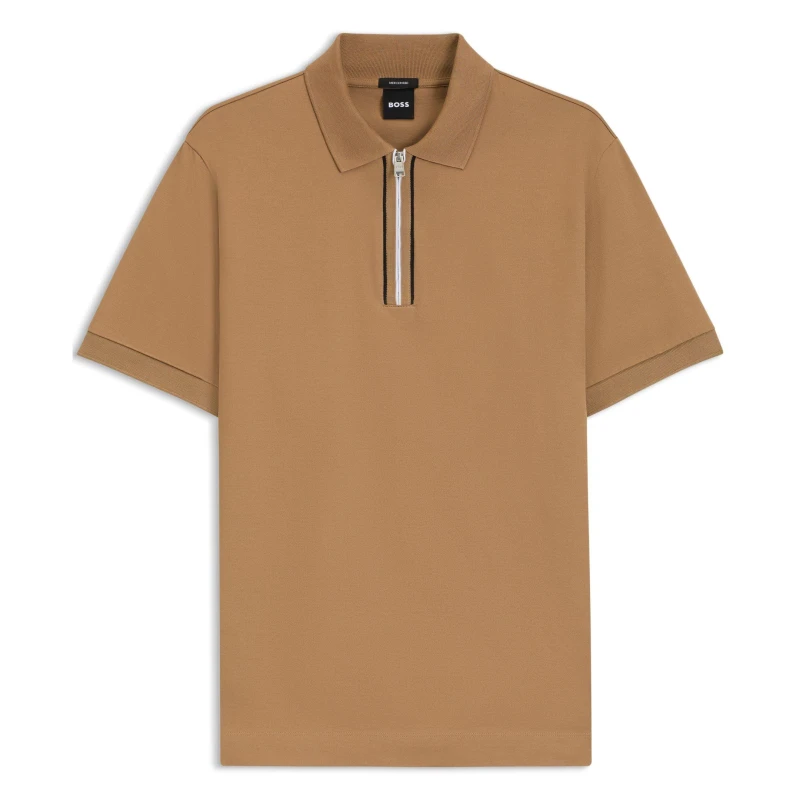 Image of Boss Mens H-Paras 65 Polo Quarter Zip Shirt Med Beige 260 male Medium