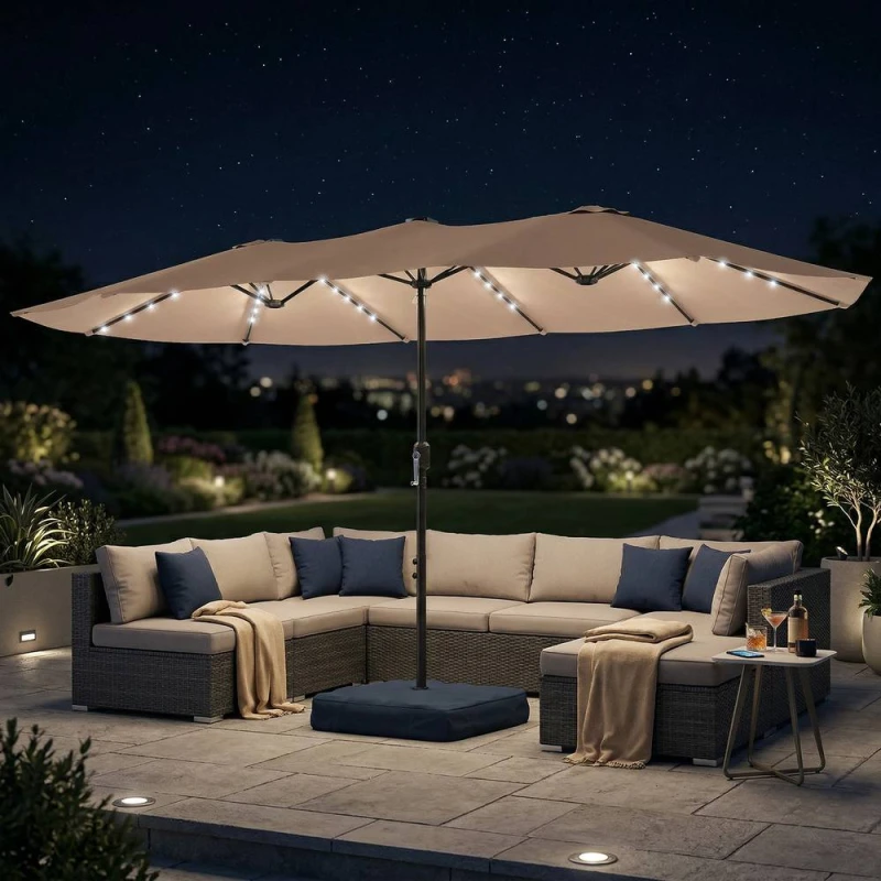 Image of OUTSUNNY 4.5m Double Sided Garden Parasol w/ 60 Solar LED Lights in Khaki Khaki Unisex 4.5m