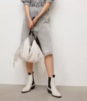 Image of AllSaints Womens Edbury Leather Fringed Shoulder Bag, Salt Lake White