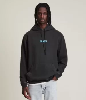 Image of AllSaints Mens Aldor Pullover Hoodie, Washed Black, Size: M