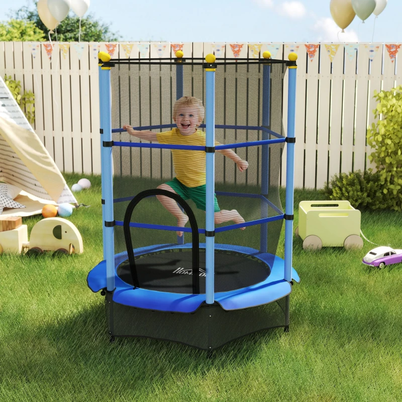 Image of HOMCOM 4.6FT/75" Kids Trampoline with Safety Enclosure, Indoor Outdoor Blue 342-008V02BU