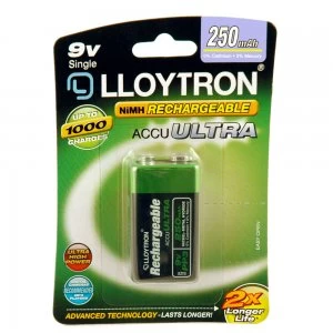 Image of Lloytron ACCU ULTRA PP3 9V Rechargeable Battery Ni-Mh 250mAh - 1 Pack