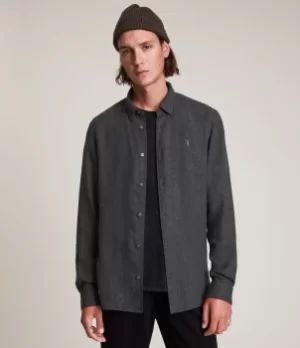 Image of AllSaints Mens Hemlock Shirt, Dark Grey, Size: M