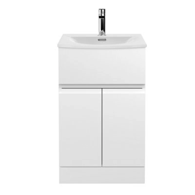 Image of Nuie Hudson Reed Urban Floor Standing 2 Door 1 Drawer Vanity Unit With Curved Basin, Durable Modern Vanity Unit In Satin White, 500mm