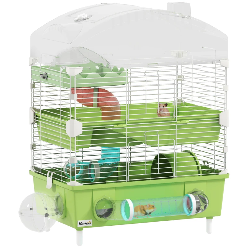 Image of PawHut 3-Tier Hamster Cage, Hamster Habitat with Accessories, Green D51-481V00GN