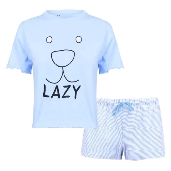 Image of Fabric Velvet Stripe Shorts Soft Pyjama Set with Lazy Slogan - Baby Blue