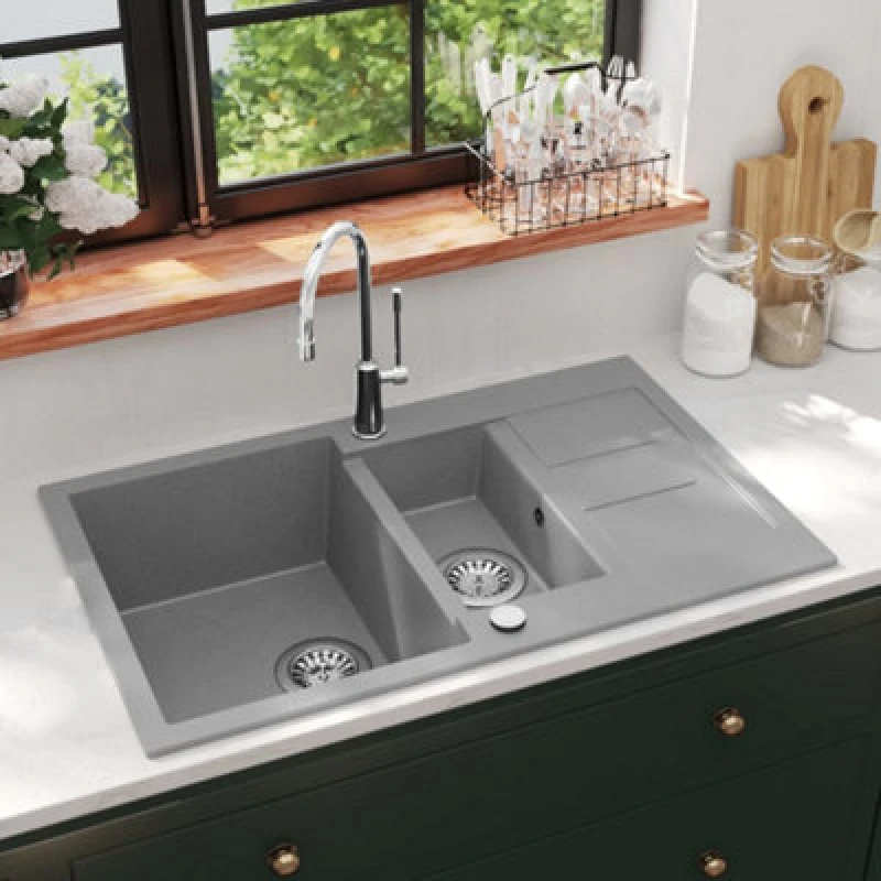 Image of vidaXL Granite Kitchen Sink Double Basin Grey 142951
