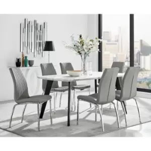 Image of Andria Black Leg Marble Effect Dining Table and 6 Grey Isco Chairs - Elephant Grey