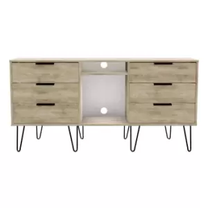 Image of Hirato Ready Assembled 6 Drawer TV Unit Nebraska Oak Black Metal Hairpin Legs