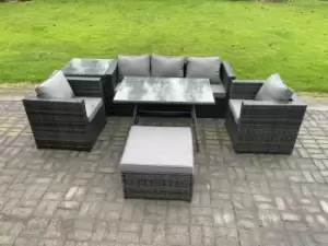 Image of Fimous 5 Seater Outdoor Dark Grey Rattan Lounge Complete Sofa Set with Oblong Dining Table, Side Table and Big Footstool