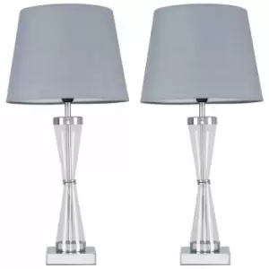 Image of Minisun - 2 x Chrome Hourglass Table Lamps with a Tapered Shades - Grey - No Bulb