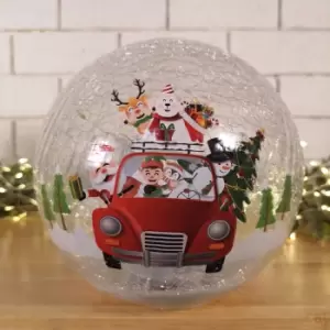 Image of 20cm Battery Operated Twinkling Warm White LED Crackle Effect Ball Decoration with Santa and Friends in Car